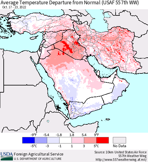Middle East and Turkey Average Temperature Departure from Normal (USAF 557th WW) Thematic Map For 10/17/2022 - 10/23/2022