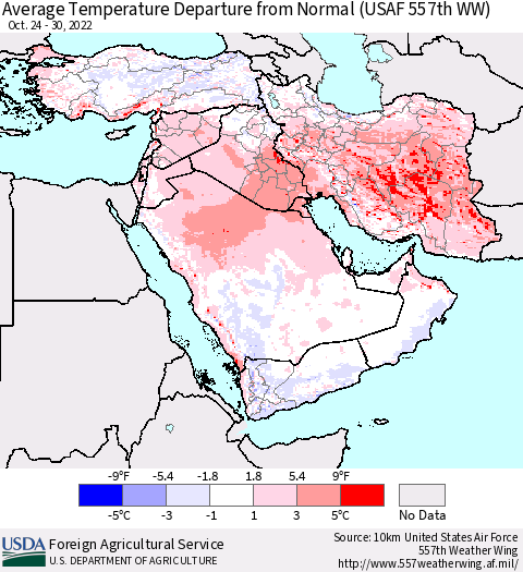 Middle East and Turkey Average Temperature Departure from Normal (USAF 557th WW) Thematic Map For 10/24/2022 - 10/30/2022
