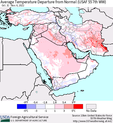 Middle East and Turkey Average Temperature Departure from Normal (USAF 557th WW) Thematic Map For 10/31/2022 - 11/6/2022