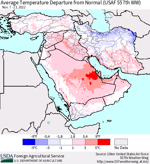 Middle East and Turkey Average Temperature Departure from Normal (USAF 557th WW) Thematic Map For 11/7/2022 - 11/13/2022