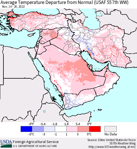Middle East and Turkey Average Temperature Departure from Normal (USAF 557th WW) Thematic Map For 11/14/2022 - 11/20/2022