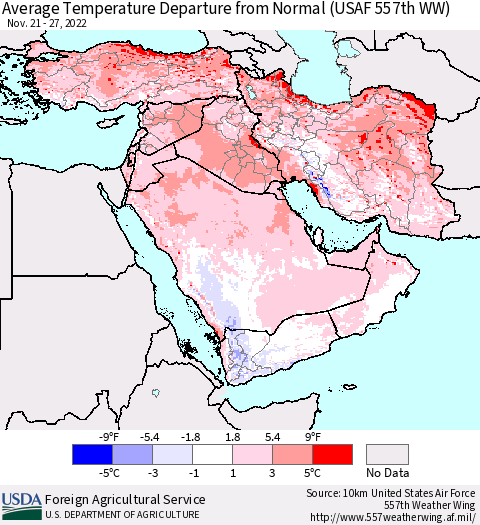 Middle East and Turkey Average Temperature Departure from Normal (USAF 557th WW) Thematic Map For 11/21/2022 - 11/27/2022