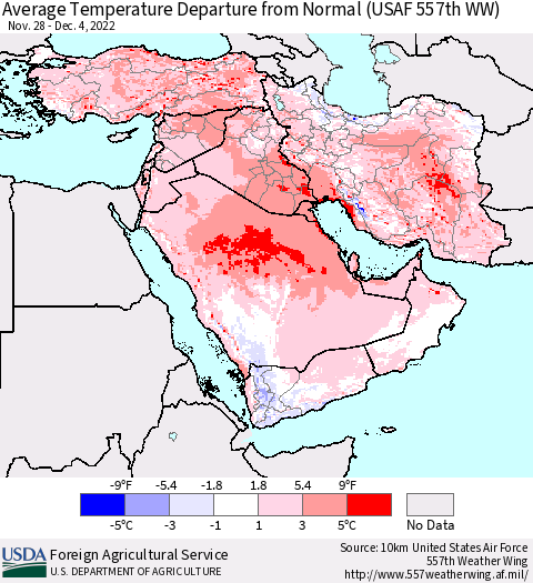 Middle East and Turkey Average Temperature Departure from Normal (USAF 557th WW) Thematic Map For 11/28/2022 - 12/4/2022