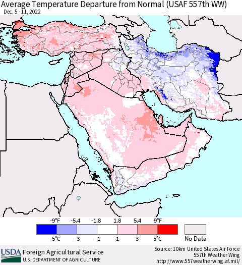 Middle East and Turkey Average Temperature Departure from Normal (USAF 557th WW) Thematic Map For 12/5/2022 - 12/11/2022