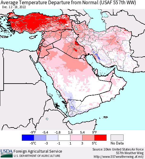 Middle East and Turkey Average Temperature Departure from Normal (USAF 557th WW) Thematic Map For 12/12/2022 - 12/18/2022