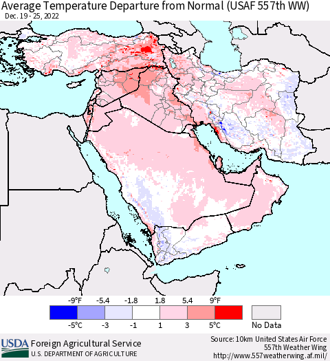 Middle East and Turkey Average Temperature Departure from Normal (USAF 557th WW) Thematic Map For 12/19/2022 - 12/25/2022