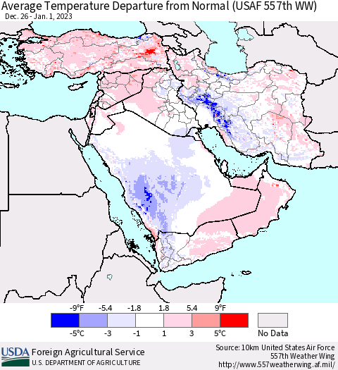 Middle East and Turkey Average Temperature Departure from Normal (USAF 557th WW) Thematic Map For 12/26/2022 - 1/1/2023