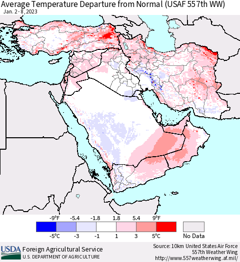 Middle East and Turkey Average Temperature Departure from Normal (USAF 557th WW) Thematic Map For 1/2/2023 - 1/8/2023