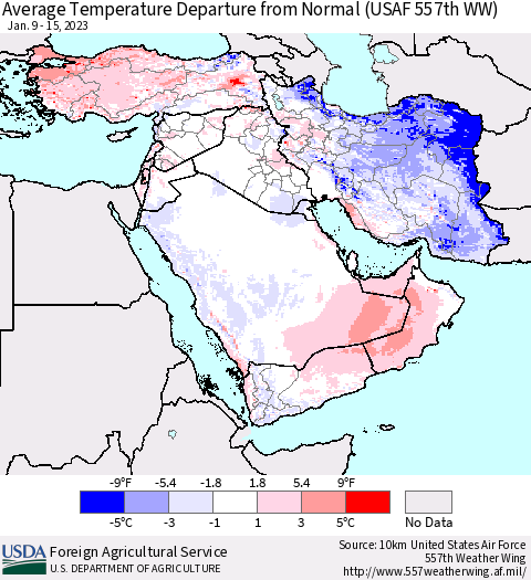 Middle East and Turkey Average Temperature Departure from Normal (USAF 557th WW) Thematic Map For 1/9/2023 - 1/15/2023