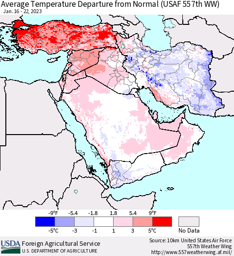 Middle East and Turkey Average Temperature Departure from Normal (USAF 557th WW) Thematic Map For 1/16/2023 - 1/22/2023