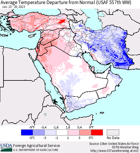 Middle East and Turkey Average Temperature Departure from Normal (USAF 557th WW) Thematic Map For 1/23/2023 - 1/29/2023