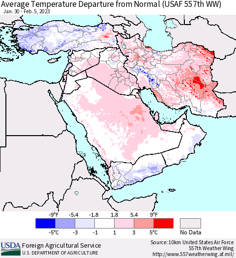 Middle East and Turkey Average Temperature Departure from Normal (USAF 557th WW) Thematic Map For 1/30/2023 - 2/5/2023