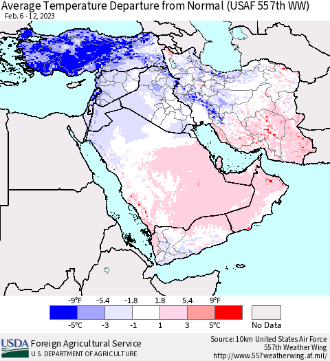 Middle East and Turkey Average Temperature Departure from Normal (USAF 557th WW) Thematic Map For 2/6/2023 - 2/12/2023