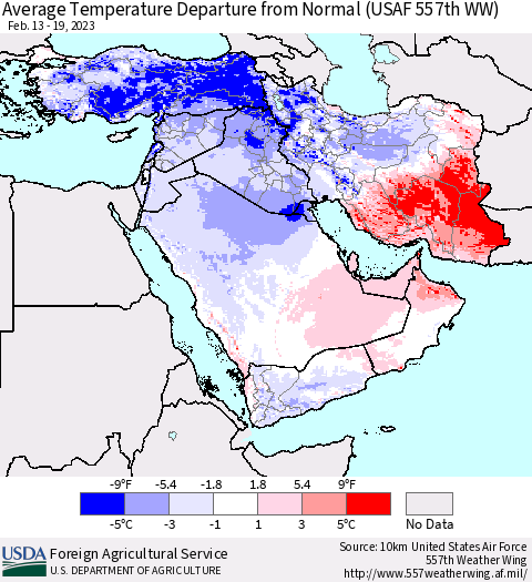 Middle East and Turkey Average Temperature Departure from Normal (USAF 557th WW) Thematic Map For 2/13/2023 - 2/19/2023