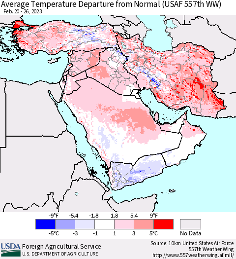 Middle East and Turkey Average Temperature Departure from Normal (USAF 557th WW) Thematic Map For 2/20/2023 - 2/26/2023