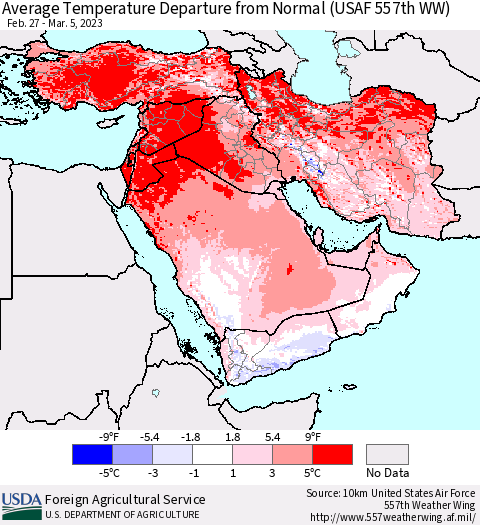 Middle East and Turkey Average Temperature Departure from Normal (USAF 557th WW) Thematic Map For 2/27/2023 - 3/5/2023