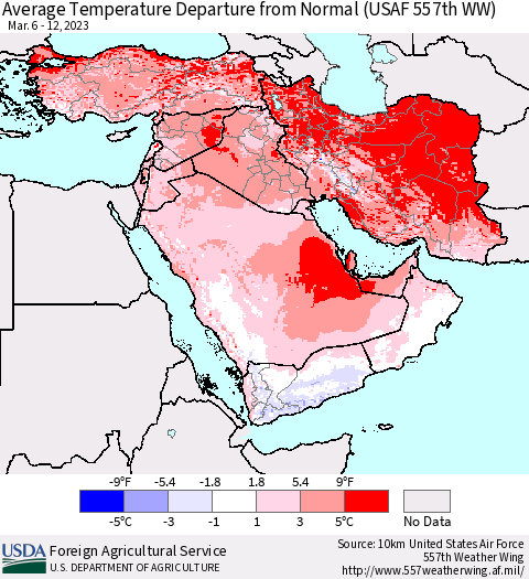 Middle East and Turkey Average Temperature Departure from Normal (USAF 557th WW) Thematic Map For 3/6/2023 - 3/12/2023
