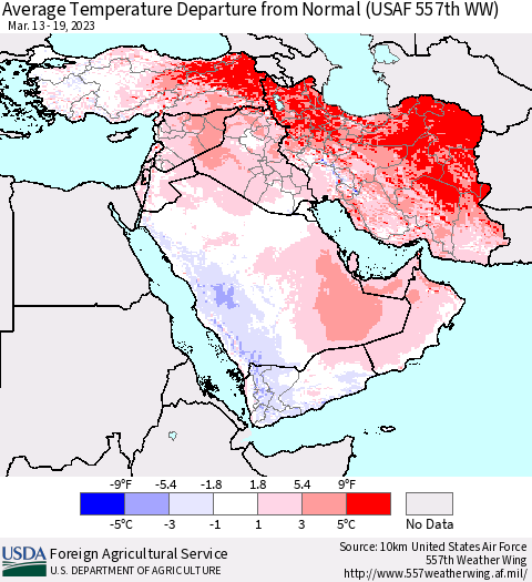 Middle East and Turkey Average Temperature Departure from Normal (USAF 557th WW) Thematic Map For 3/13/2023 - 3/19/2023