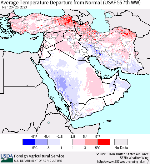 Middle East and Turkey Average Temperature Departure from Normal (USAF 557th WW) Thematic Map For 3/20/2023 - 3/26/2023
