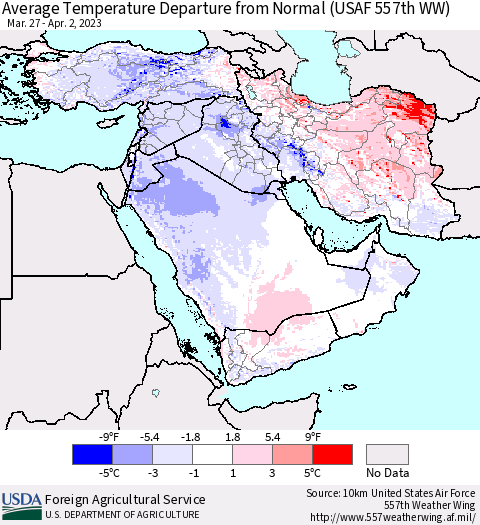 Middle East and Turkey Average Temperature Departure from Normal (USAF 557th WW) Thematic Map For 3/27/2023 - 4/2/2023