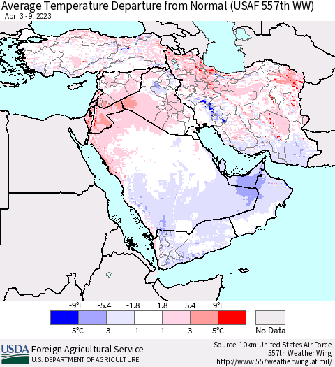 Middle East and Turkey Average Temperature Departure from Normal (USAF 557th WW) Thematic Map For 4/3/2023 - 4/9/2023