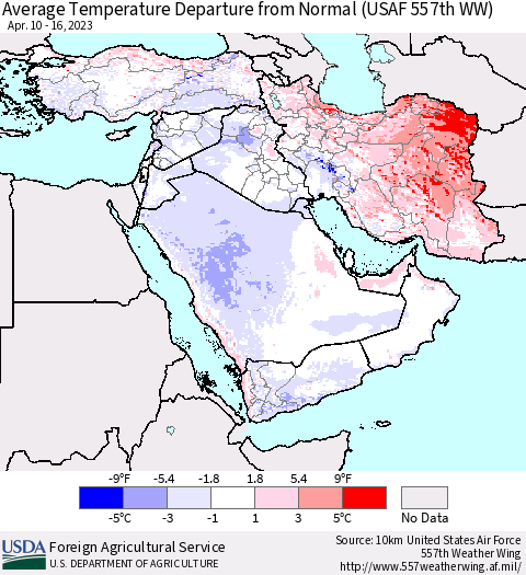 Middle East and Turkey Average Temperature Departure from Normal (USAF 557th WW) Thematic Map For 4/10/2023 - 4/16/2023