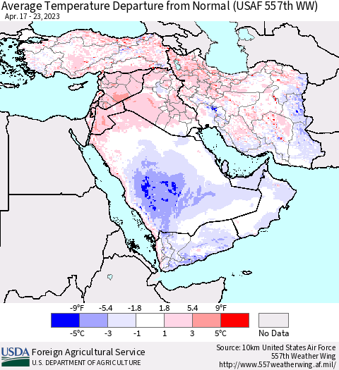 Middle East and Turkey Average Temperature Departure from Normal (USAF 557th WW) Thematic Map For 4/17/2023 - 4/23/2023