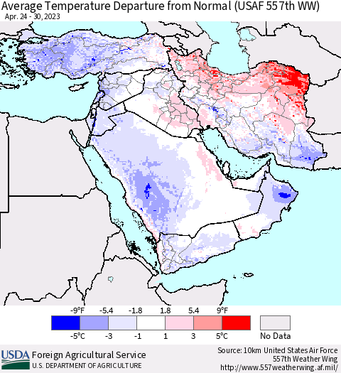 Middle East and Turkey Average Temperature Departure from Normal (USAF 557th WW) Thematic Map For 4/24/2023 - 4/30/2023