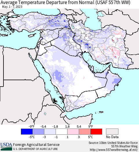Middle East and Turkey Average Temperature Departure from Normal (USAF 557th WW) Thematic Map For 5/1/2023 - 5/7/2023