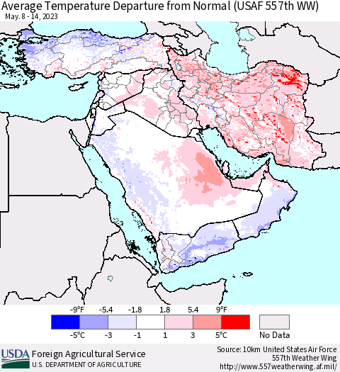 Middle East and Turkey Average Temperature Departure from Normal (USAF 557th WW) Thematic Map For 5/8/2023 - 5/14/2023