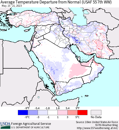 Middle East and Turkey Average Temperature Departure from Normal (USAF 557th WW) Thematic Map For 5/15/2023 - 5/21/2023