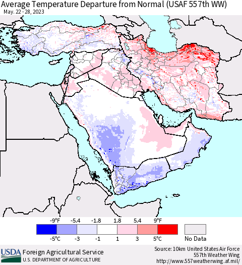 Middle East and Turkey Average Temperature Departure from Normal (USAF 557th WW) Thematic Map For 5/22/2023 - 5/28/2023