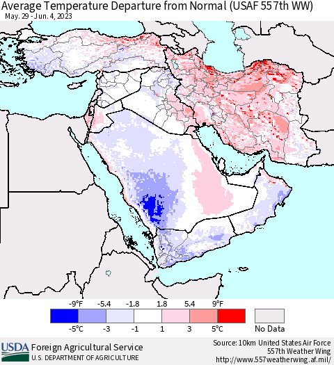 Middle East and Turkey Average Temperature Departure from Normal (USAF 557th WW) Thematic Map For 5/29/2023 - 6/4/2023