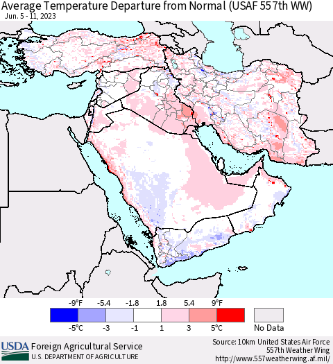 Middle East and Turkey Average Temperature Departure from Normal (USAF 557th WW) Thematic Map For 6/5/2023 - 6/11/2023