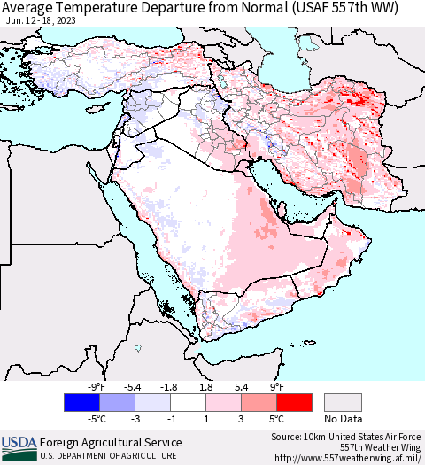 Middle East and Turkey Average Temperature Departure from Normal (USAF 557th WW) Thematic Map For 6/12/2023 - 6/18/2023