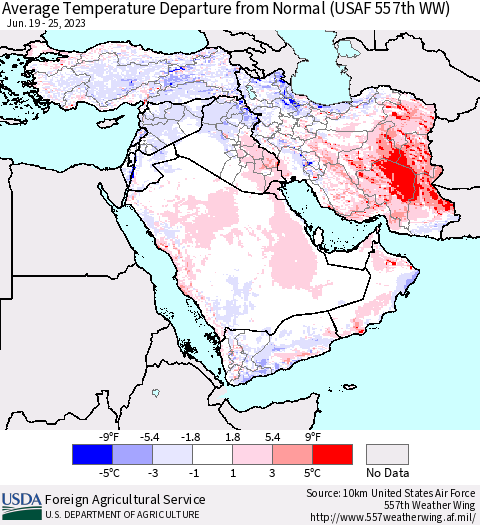 Middle East and Turkey Average Temperature Departure from Normal (USAF 557th WW) Thematic Map For 6/19/2023 - 6/25/2023