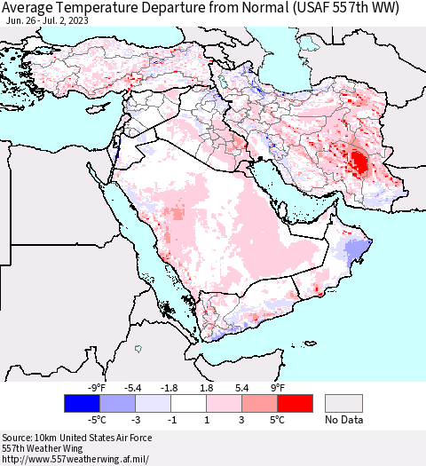 Middle East and Turkey Average Temperature Departure from Normal (USAF 557th WW) Thematic Map For 6/26/2023 - 7/2/2023