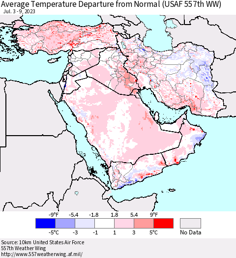 Middle East and Turkey Average Temperature Departure from Normal (USAF 557th WW) Thematic Map For 7/3/2023 - 7/9/2023
