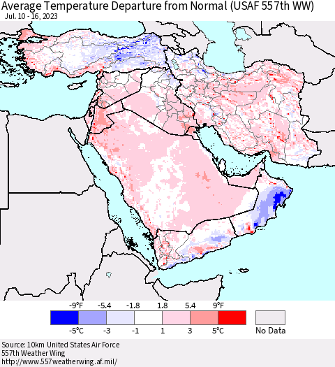 Middle East and Turkey Average Temperature Departure from Normal (USAF 557th WW) Thematic Map For 7/10/2023 - 7/16/2023