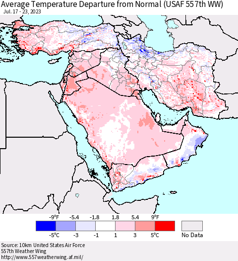 Middle East and Turkey Average Temperature Departure from Normal (USAF 557th WW) Thematic Map For 7/17/2023 - 7/23/2023