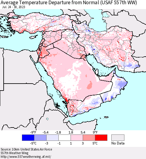 Middle East and Turkey Average Temperature Departure from Normal (USAF 557th WW) Thematic Map For 7/24/2023 - 7/30/2023