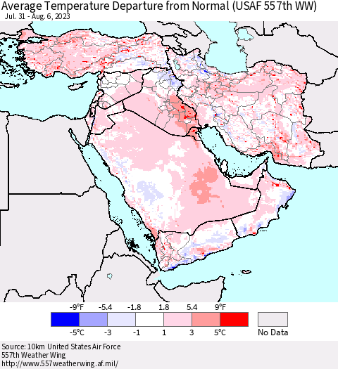 Middle East and Turkey Average Temperature Departure from Normal (USAF 557th WW) Thematic Map For 7/31/2023 - 8/6/2023