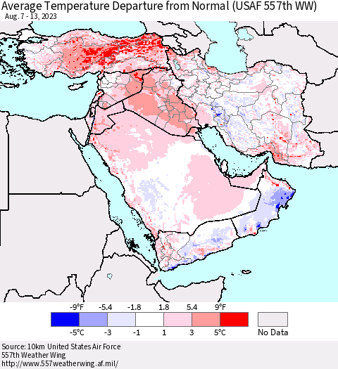 Middle East and Turkey Average Temperature Departure from Normal (USAF 557th WW) Thematic Map For 8/7/2023 - 8/13/2023