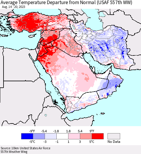Middle East and Turkey Average Temperature Departure from Normal (USAF 557th WW) Thematic Map For 8/14/2023 - 8/20/2023