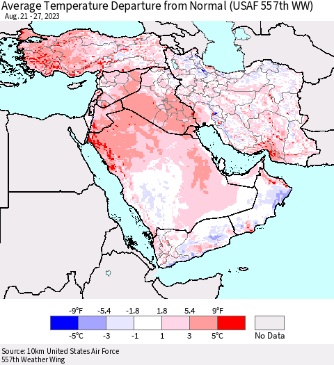 Middle East and Turkey Average Temperature Departure from Normal (USAF 557th WW) Thematic Map For 8/21/2023 - 8/27/2023