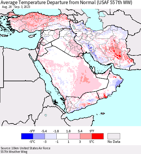 Middle East and Turkey Average Temperature Departure from Normal (USAF 557th WW) Thematic Map For 8/28/2023 - 9/3/2023
