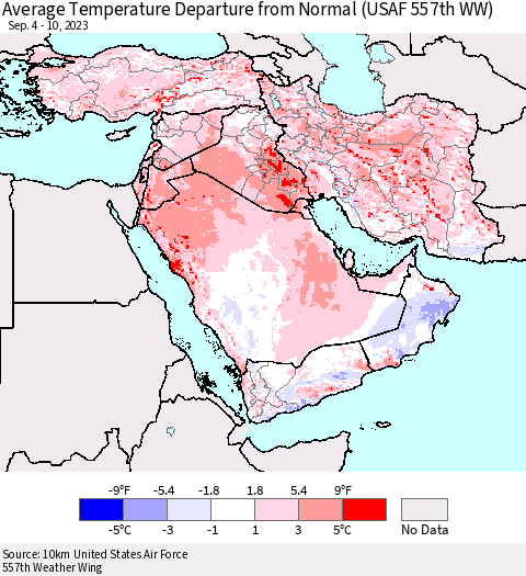 Middle East and Turkey Average Temperature Departure from Normal (USAF 557th WW) Thematic Map For 9/4/2023 - 9/10/2023