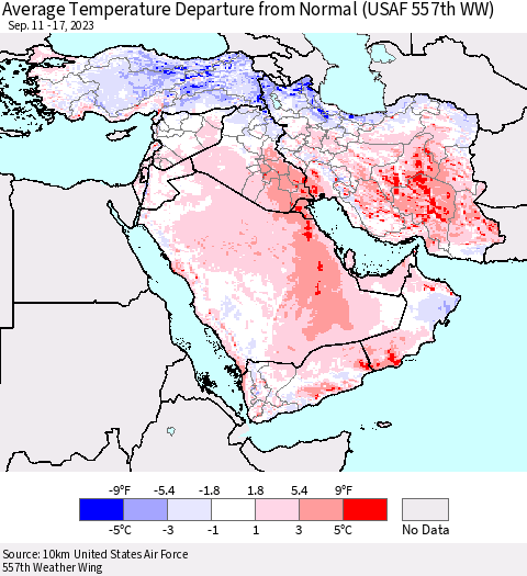 Middle East and Turkey Average Temperature Departure from Normal (USAF 557th WW) Thematic Map For 9/11/2023 - 9/17/2023
