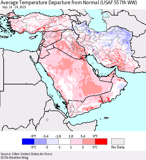 Middle East and Turkey Average Temperature Departure from Normal (USAF 557th WW) Thematic Map For 9/18/2023 - 9/24/2023