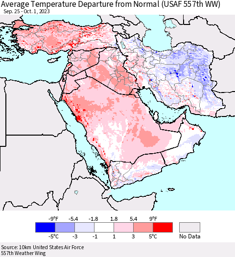 Middle East and Turkey Average Temperature Departure from Normal (USAF 557th WW) Thematic Map For 9/25/2023 - 10/1/2023